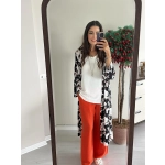 Beyaz Siyah Desenli Uzun Kimono